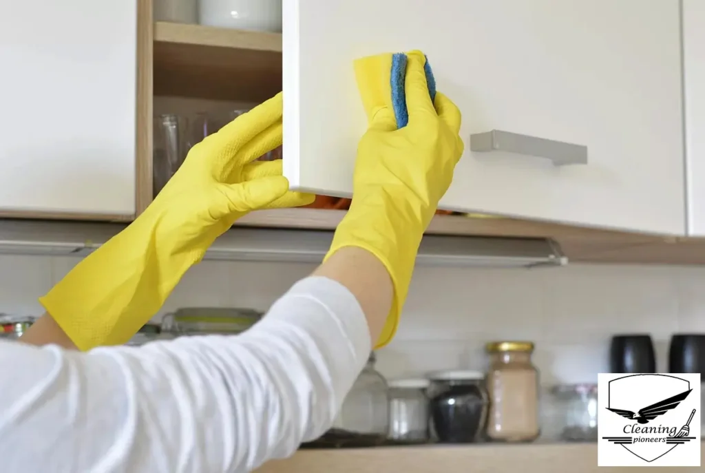 تنظيف الأبواب والأطراف كجزء من تنظيف خزائن المطبخ